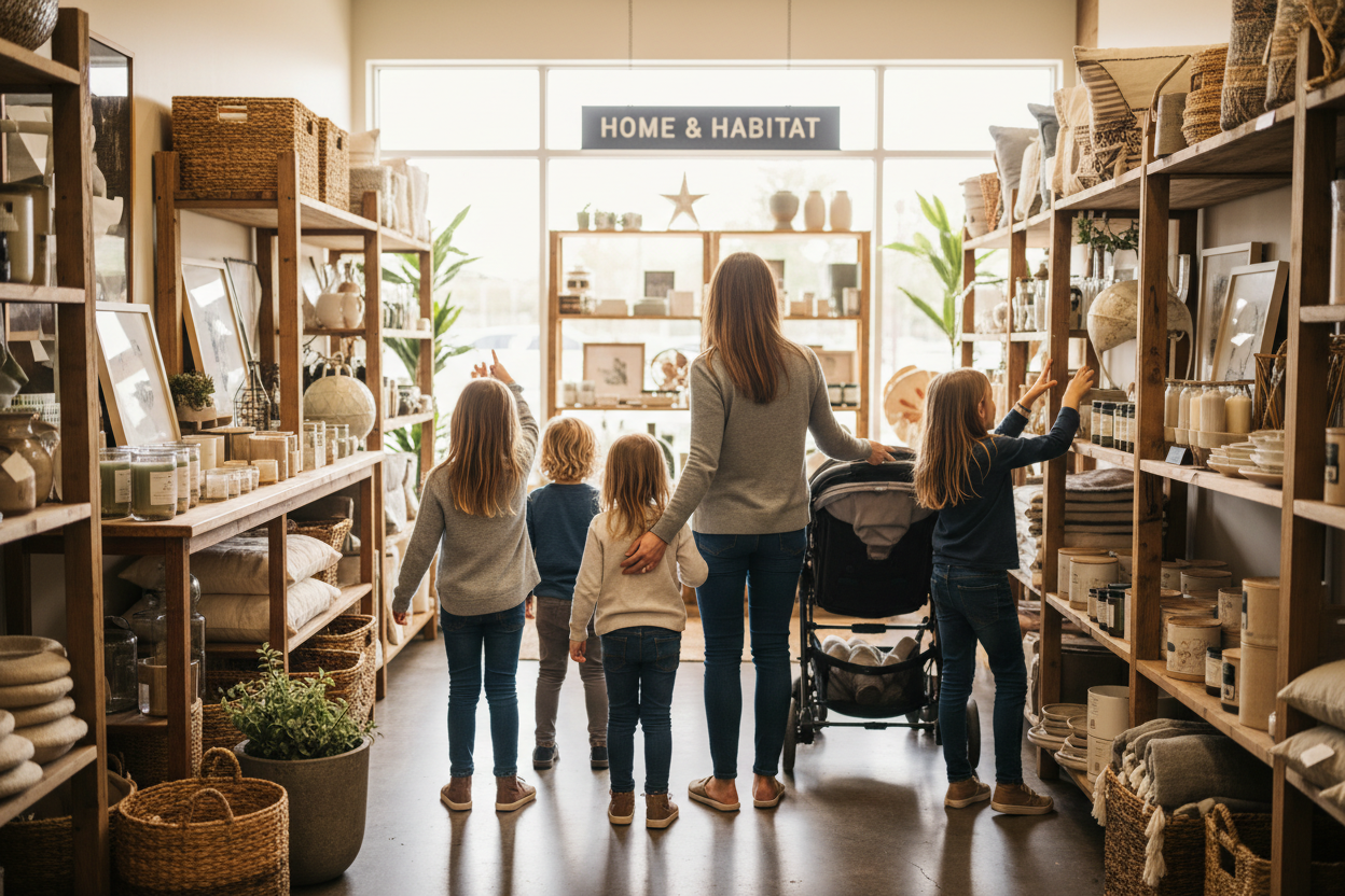 UNA MAMA CON 4 NINOS OMPRANDO PRODUCTOS QUE NO SE LES VEA LA CARA